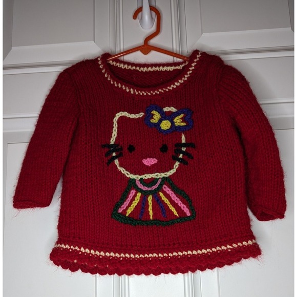 Hello Kitty Sweater Handmade Crochet Red Girls Size Small 5/6 - Picture 2 of 4